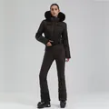 Women's dark brown professional ski suit with faux fur hood and adjustable waist belt - Coffee