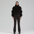 Dunkelbrauner Damen Skianzug schmal geschnitten mit gesteppter Pelzjacke und Gürtel - XS / Oberteil Und Unterteil / Dunkelbraun