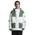Men's waterproof color-block hooded ski jacket in white and olive green - Beige and Navy Blue