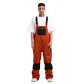 Mens brick red bib ski pants with black patches and adjustable suspenders - Brick Red