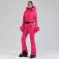 Women's slim fit hot pink one-piece ski suit with luxury faux fur collar and black belt - XS / Set / Rose Red