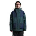 Men's waterproof hooded ski jacket in dark green and navy blue contrast color block - Dark Green & Navy Blue