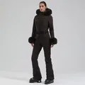 Women's slim fit one-piece ski suit in dark brown with luxury faux fur hood and waist belt - XS / Set / Coffee