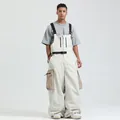 Salopette da sci da uomo beige con tasche kaki e spalline regolabili, impermeabile - S / Bianco Sporco