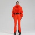 Women's bright orange slim-fit ski suit with fur collar jacket and belted pants - Orange Red