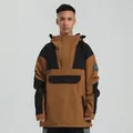 Brown and black color-block hooded ski jacket with a front kangaroo pocket and arm badge - Khaki Mixed Black