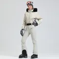 Off-white waterproof women's ski suit set with faux fur hood and high waist pants - XS / Top And Bottom / Ivory White