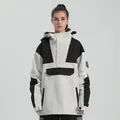 Women's black and white contrast color hooded ski jacket with front pocket - Beige & Black