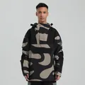 Men's hooded ski anorak in dark green and grey abstract camouflage waterproof fabric - Black Khaki Patchwork