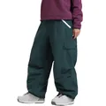 Dark green loose-fit cargo ski pants featuring large side pockets and white accent straps - XS / Bottoms / Dark Green