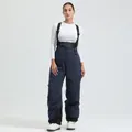 Women's dark blue waterproof ski bib pants with white thermal top and adjustable straps - Navy-Women