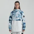 Women's blue and white tie-dye ski anorak with waterproof fabric and hooded design - L / Tops / Tie-Dye Blue Patchwork