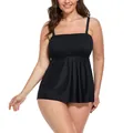 Plus size black smocked swim top with pleated skirted hem for a flattering beach look - US 10 / Black