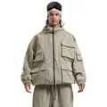 Loose beige multi-pocket hooded ski jacket and cargo pants winter outdoor set - S / Tops / Khaki