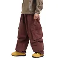 Oversized dark reddish-brown corduroy cargo ski pants with multiple utility pockets - L / Burgundy