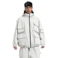 Men's white multi-pocket hooded ski jacket and pants set with corduroy texture - S / Tops / Off White
