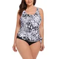 Plus size two-piece tankini swimsuit with purple pebble print and black bikini bottom - US 10 / Purple Floral