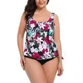 Plus size two-piece tankini swimsuit with floral print and black bikini bottoms - US 14 / Black with Pink Floral