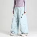 Waterproof light blue high-waisted wide-leg ski pants with zipper pocket and D-ring - S / Light Blue