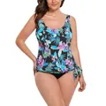 Plus size two-piece tankini swimsuit with tropical floral print and black bikini bottom - US 10 / Blue Purple Floral