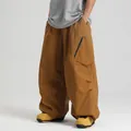 Loose fit mustard yellow waterproof cargo ski pants with zipper pocket detail - XS / Dark Coffee