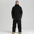 Men's waterproof black one-piece ski suit with adjustable hood and functional pockets - S / Black