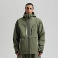 Men's army green hooded ski jacket with waterproof fabric and multi-zipper pockets - Army Green