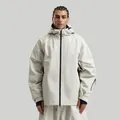 Waterproof cream hooded ski jacket for men featuring black contrast zippers and cargo style - S / Off White