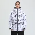 Women's white waterproof ski jacket with black marble pattern and windproof hood - S / Top And Bottom / White Black Pattern (960)