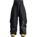 Waterproof American style baggy ski pants with waist protection and white flame pattern - XS / Black