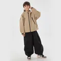 Kids ski suit with khaki hooded windproof jacket and black waterproof cargo pants - XS / Khaki