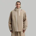Men's khaki techwear ski suit featuring asymmetric white zippers and waterproof fabric - S / Khaki
