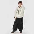 Kids cream hooded ski jacket and black pants set with functional zipper pockets - XS / Beige