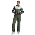 Women's slim one-piece ski suit in army green, white, and black patchwork design - XS / Top And Bottom / Green