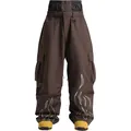 Dark brown wide-leg snowboard pants with high waist, waist guard, and flame prints - XS / Dark Coffee