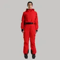 Professional women's one-piece red ski suit with waterproof fabric and adjustable belt - Red