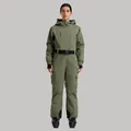 Olive green one-piece hooded ski suit with waterproof fabric and adjustable black waist belt - XS / Army Green