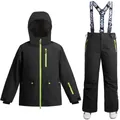 Kids black ski suit set with neon green accents and adjustable elastic suspenders - XS / Black