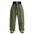 Olive green wide-leg ski pants with dual-layer high waistband and drawstring hem - Army Green