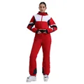 Women's slim red one-piece ski suit with blue and white color-block patchwork - XS / Top And Bottom / Red