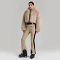 Traje de esquí beige para mujer de una pieza con chaqueta de pelo y cinturón negro - XS / Caqui