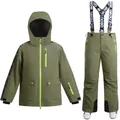 Kids army green ski suit set with neon yellow zippers and professional insulated pants - XS / Army Green