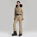 Dames eendelig skipak in kaki met gewatteerde textuur, imitatiebontkraag en zwarte riem - XS / Khaki