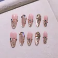 Handmade champagne gold cat-eye press-on nails with diamonds and pearls, oval shape - XS / Golden Years - Long Oval
