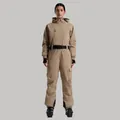 Women's professional khaki one-piece ski suit with functional pockets and belt - XS / Khaki