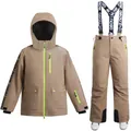 Kids khaki ski suit with neon green zippers featuring waterproof jacket and bib pants - XS / Khaki