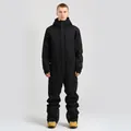 Men's solid black one-piece ski suit with waterproof fabric and multi-pocket utility design - S / Black