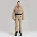 Combinaison de ski beige style fourrure pour femme avec ceinture et pantalon thermique - S / Haut Et Bas / Kaki