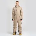 Men's one-piece khaki ski suit with waterproof fabric and multi-pocket utility design - S / Khaki
