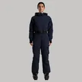 Women's professional one-piece dark blue ski suit with hood and adjustable waist belt - Navy Blue